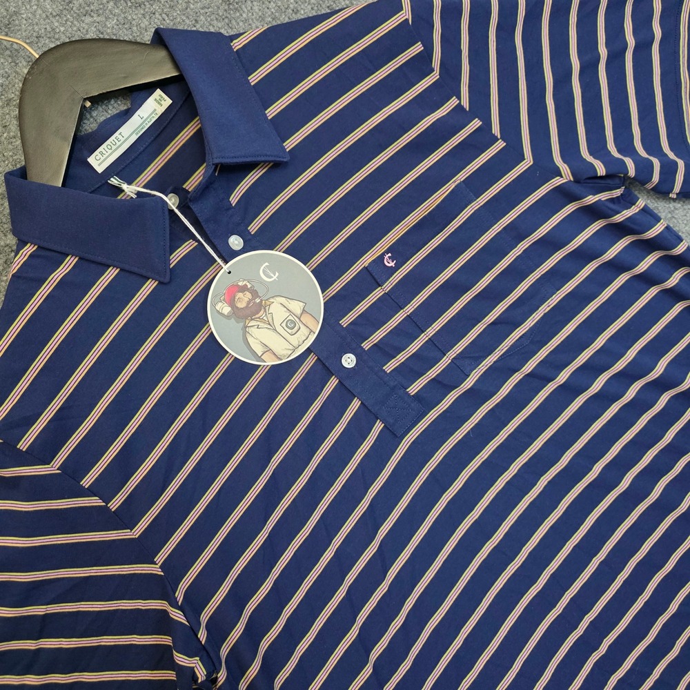 NWT Criquet Polo Shirt Men Large Navy Blue Stripe Pima Cotton Blend Short Sleeve